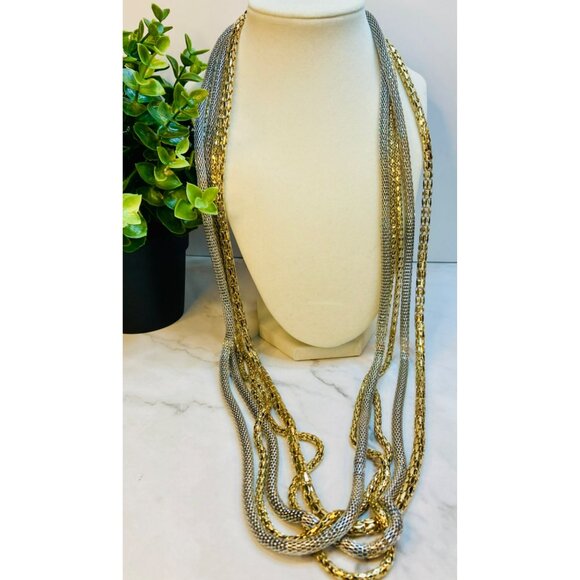Multi-Strand Gold & Silver-Tone Chain Necklace By OPC -124 - Picture 2 of 4